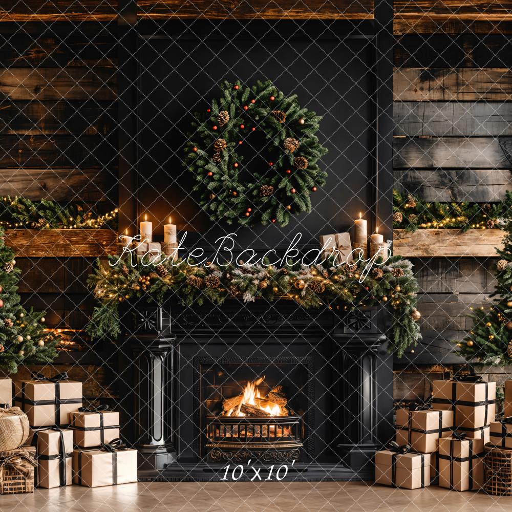 Kate Christmas Black Modern Fireplace Brown Wooden Striped Wall Backdrop Designed by Emetselch