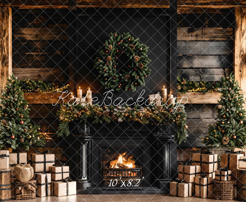 Kate Christmas Black Modern Fireplace Brown Wooden Striped Wall Backdrop Designed by Emetselch