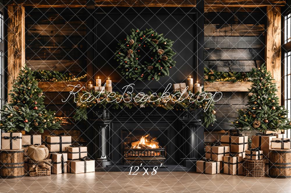 Kate Christmas Black Modern Fireplace Brown Wooden Striped Wall Backdrop Designed by Emetselch