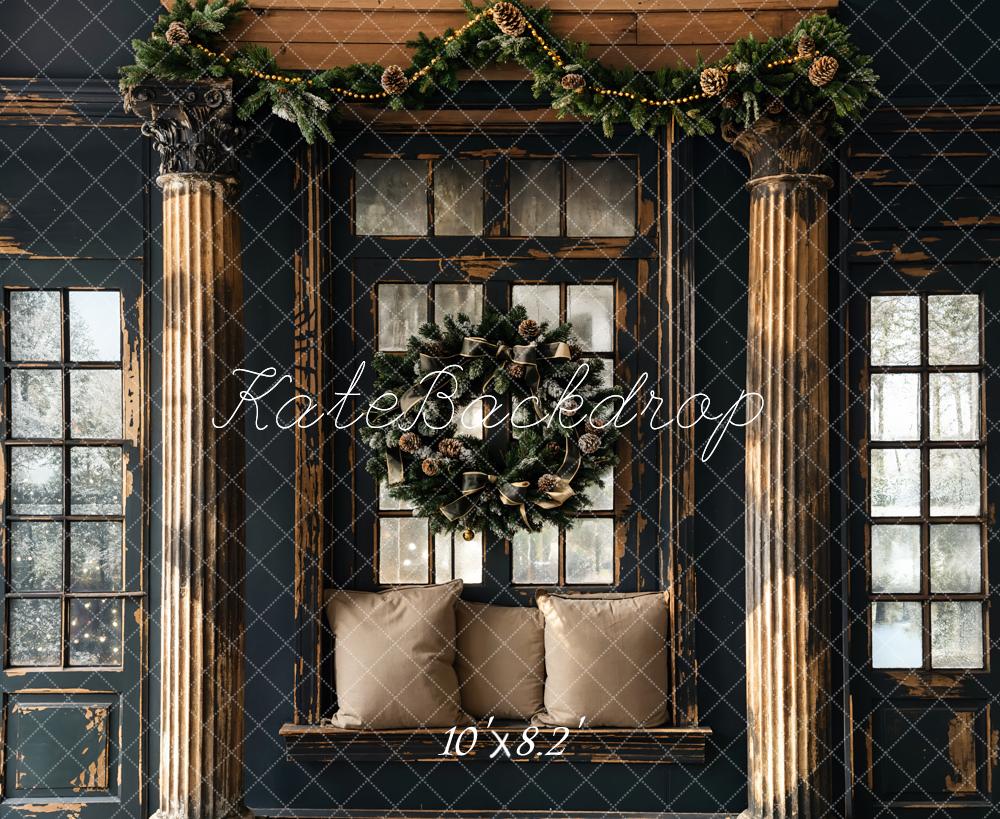 Kate Christmas Black Retro Shabby Wooden Framed Window Backdrop Designed by Emetselch