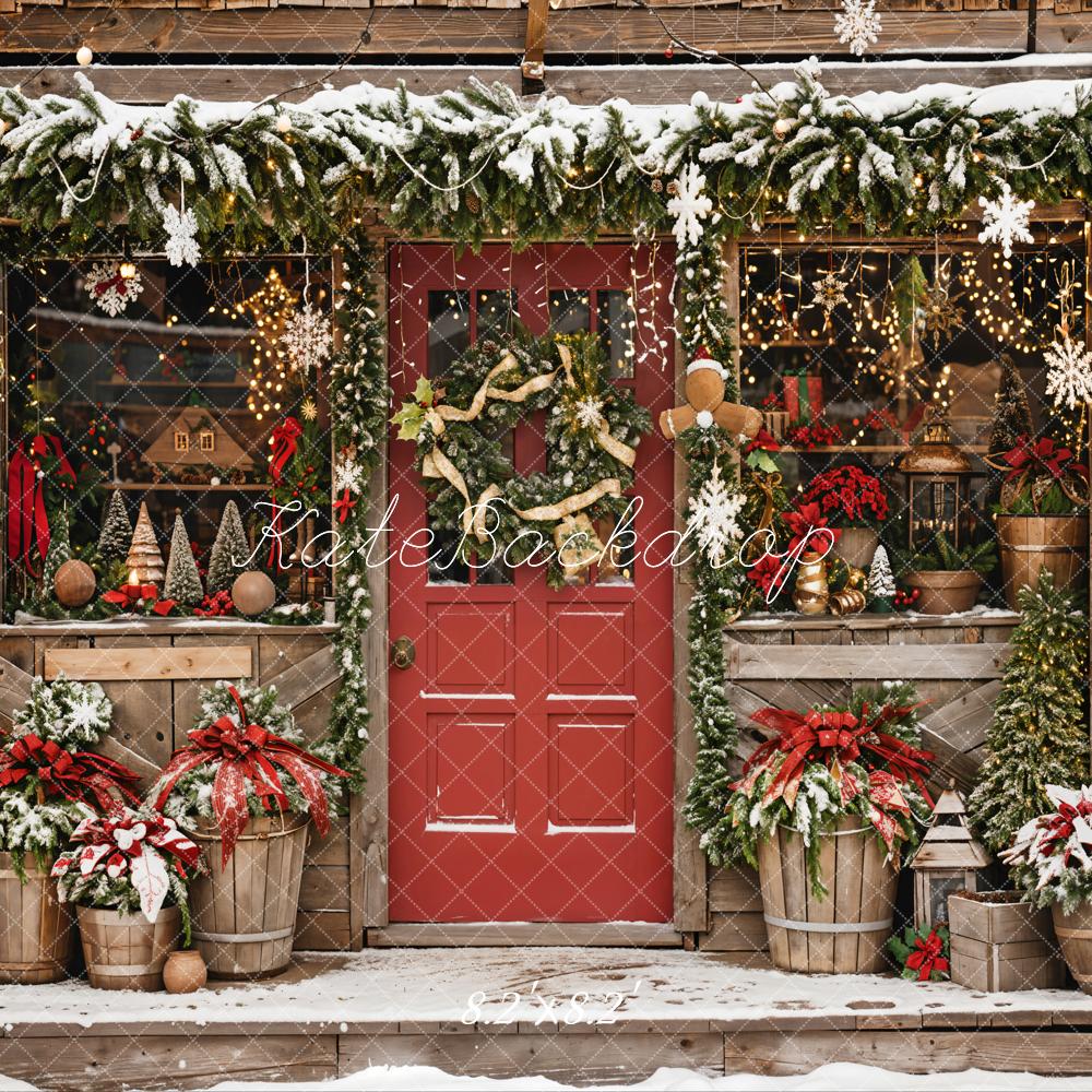 Sfondo del negozio rosso natalizio all'aperto invernale sul tema del paese progettato da Emetselch