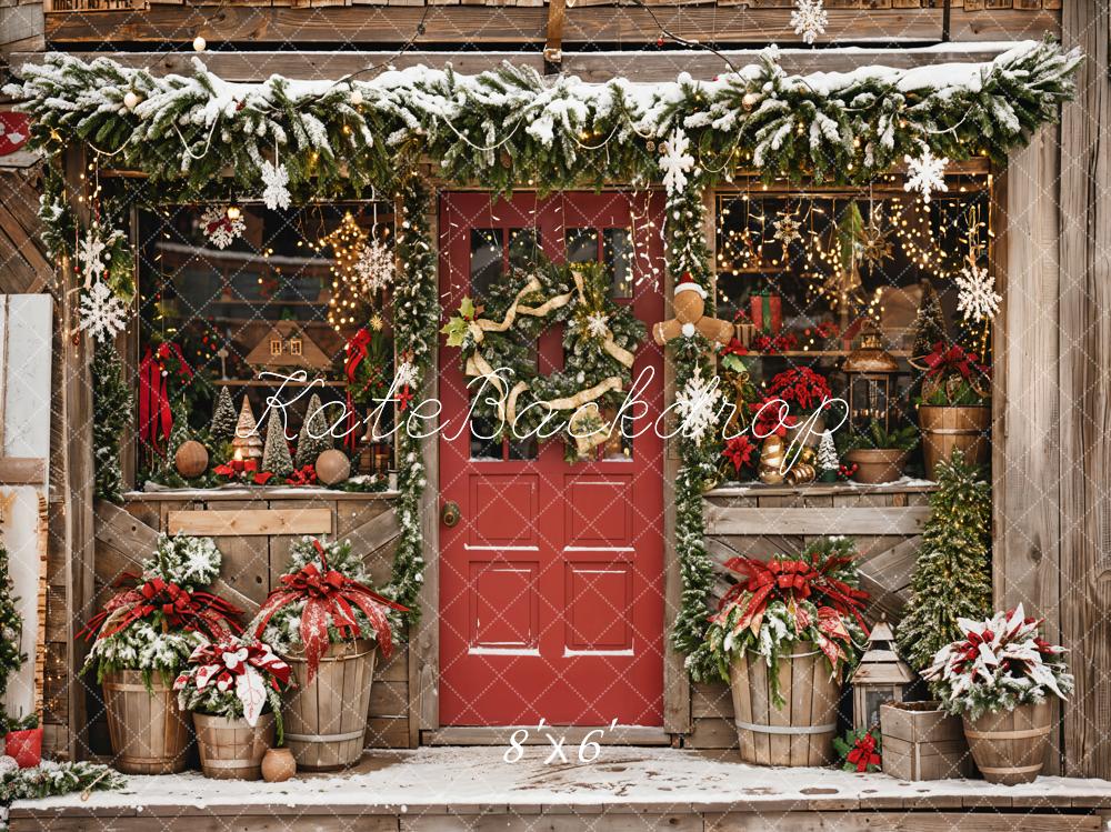 Sfondo del negozio rosso natalizio all'aperto invernale sul tema del paese progettato da Emetselch