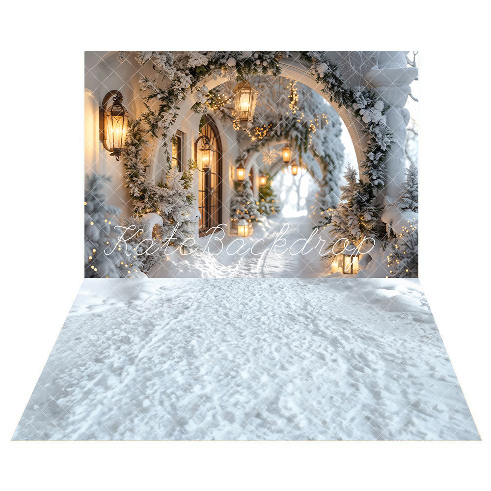 Winter Retro Wit Bloemen Kerstboog Gang Backdrop+Winter Wit Sneeuw Vloer Backdrop