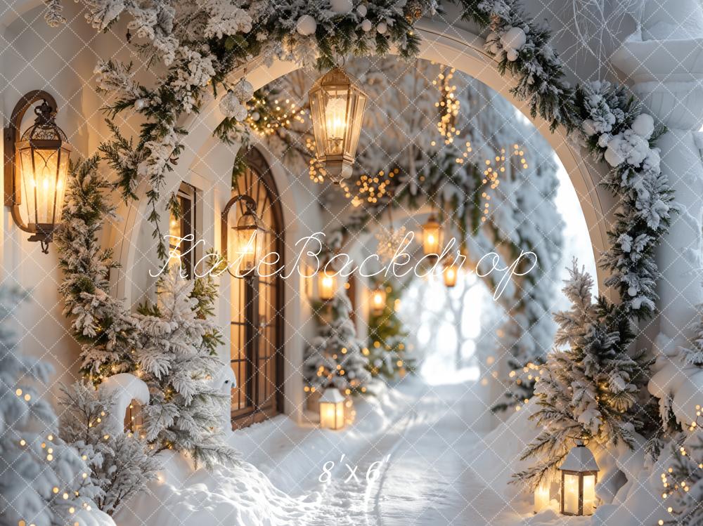 Kate Winter Retro White Flower Christmas Arch Hallway Backdrop Designed by Emetselch