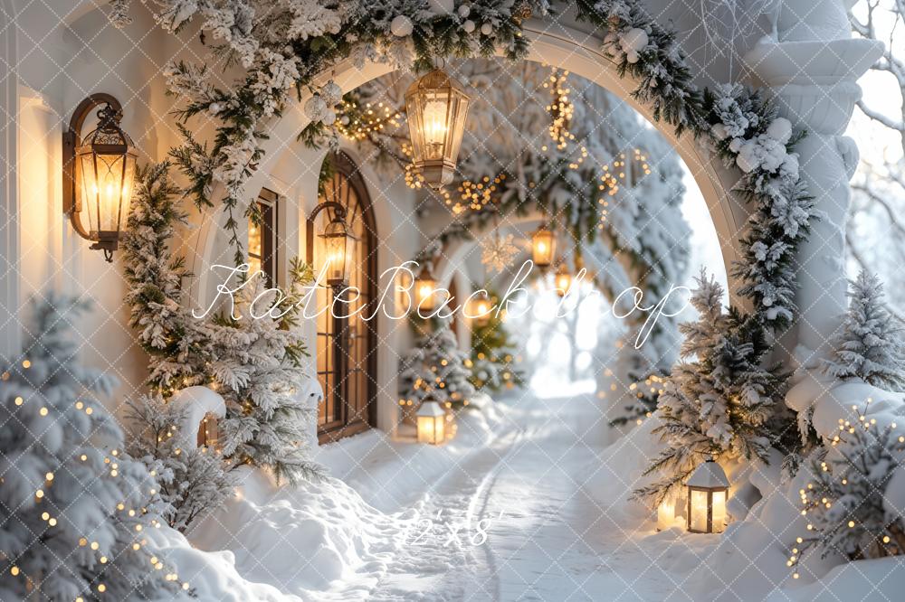 Kate Winter Retro White Flower Christmas Arch Hallway Backdrop Designed by Emetselch
