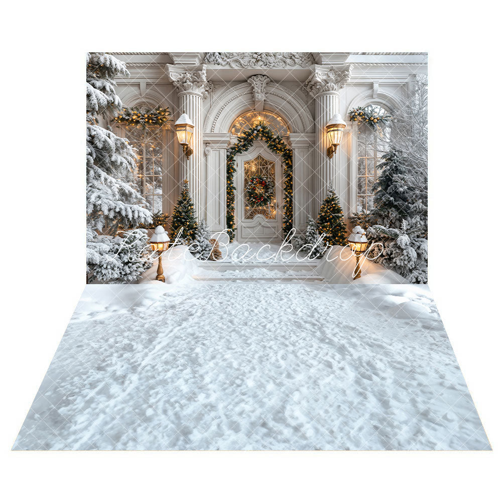 Kerst Vintage Grote Wit Marmeren Boog Deur Achtergrond + Winter Wit Sneeuw Vloer Achtergrond