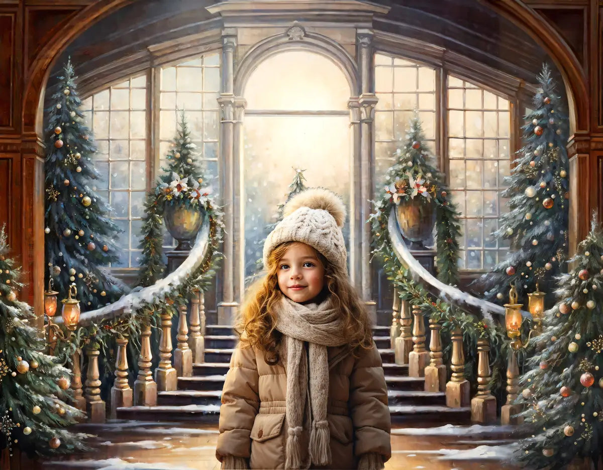 Kate Winter Christmas Staircase Retro Arched Window Backdrop Designed by GQ