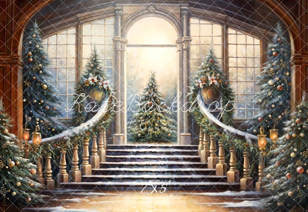 Kate Winter Christmas Staircase Retro Arched Window Backdrop Designed by GQ