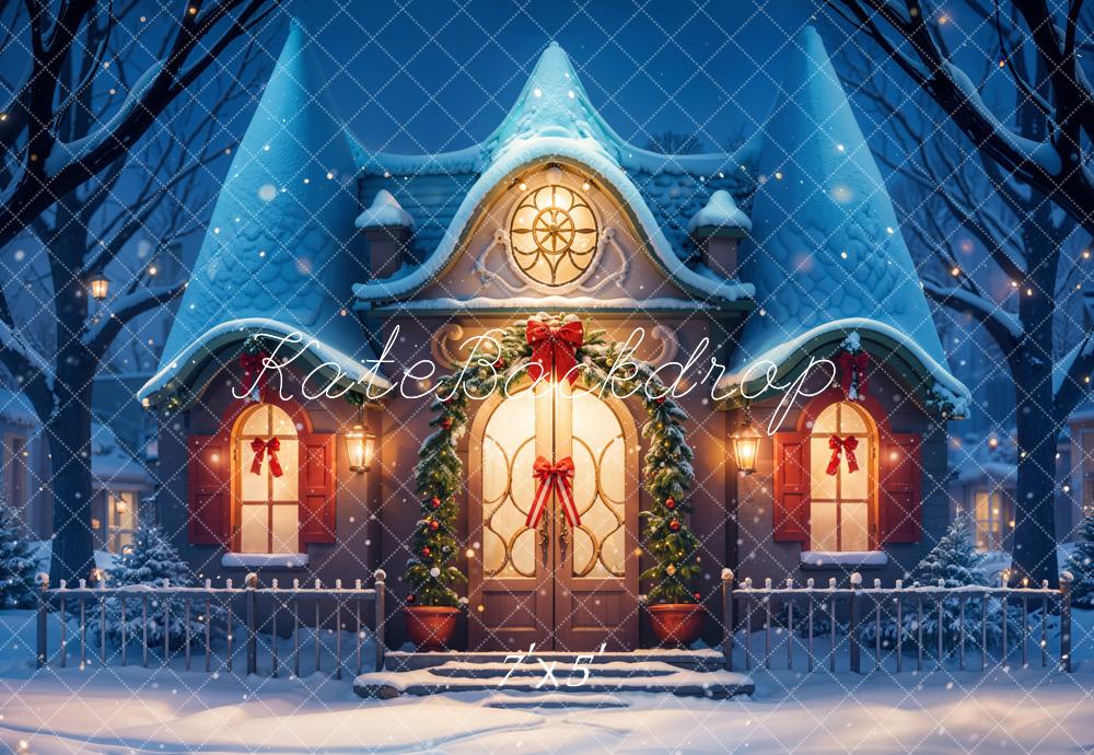 Fantasy Cartoon Winter Snow Blue House Backdrop Ontworpen door GQ
