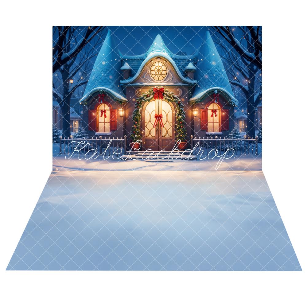 Fantasy Cartoon Winter Snow Blue House Backdrop+Winter Light Blue Snow Floor Backdrop