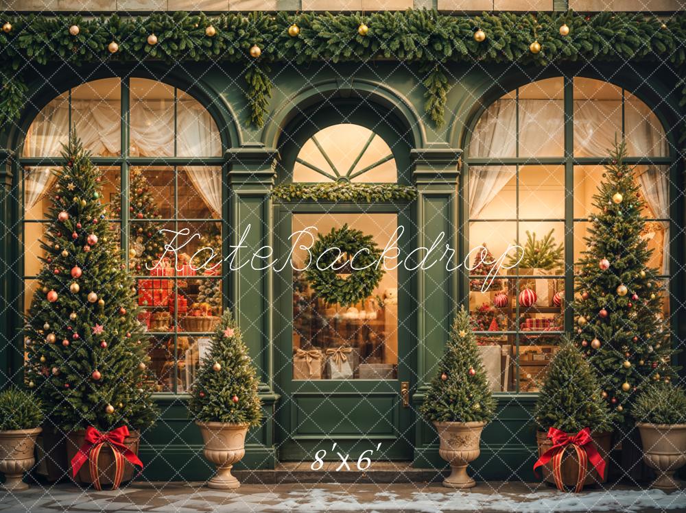 Kate Retro Dark Green Christmas Gift Store Backdrop Designed by Emetselch