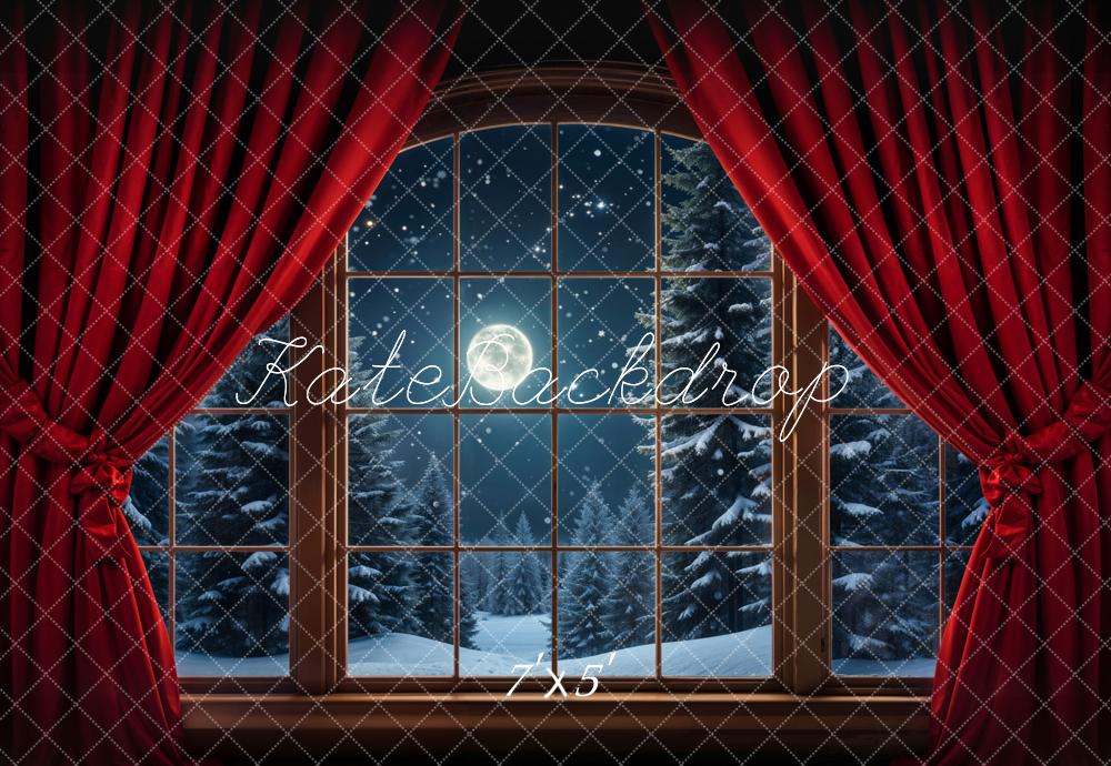 Kate Winter Forest Night Red Curtain Dark Brown Arch Window Backdrop Designed by Emetselch