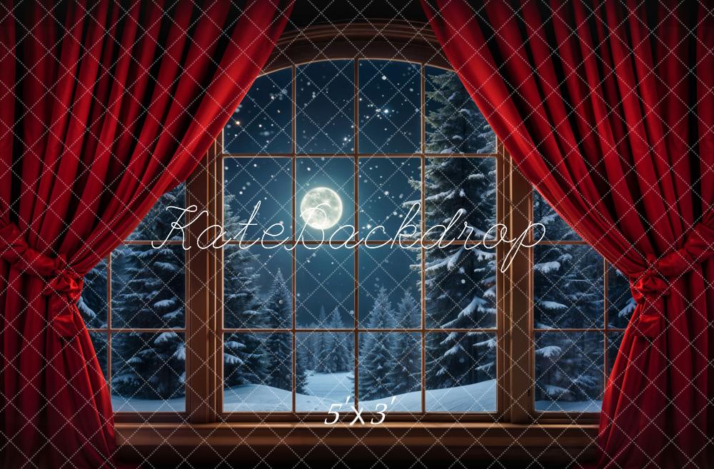 Kate Winter Forest Night Red Curtain Dark Brown Arch Window Backdrop Designed by Emetselch