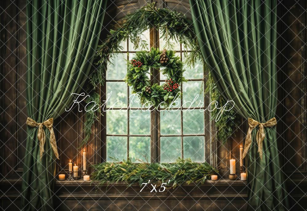 TEST Kate Vintage Christmas Green Curtain Brown Wooden Arch Window Backdrop Designed by Emetselch