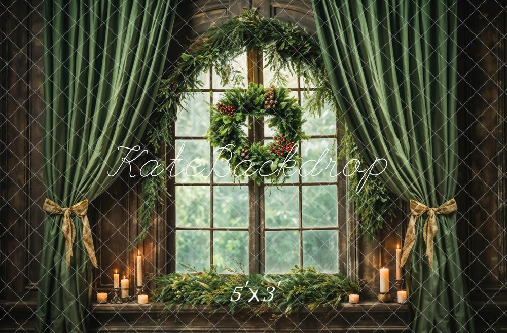 TEST Kate Vintage Christmas Green Curtain Brown Wooden Arch Window Backdrop Designed by Emetselch