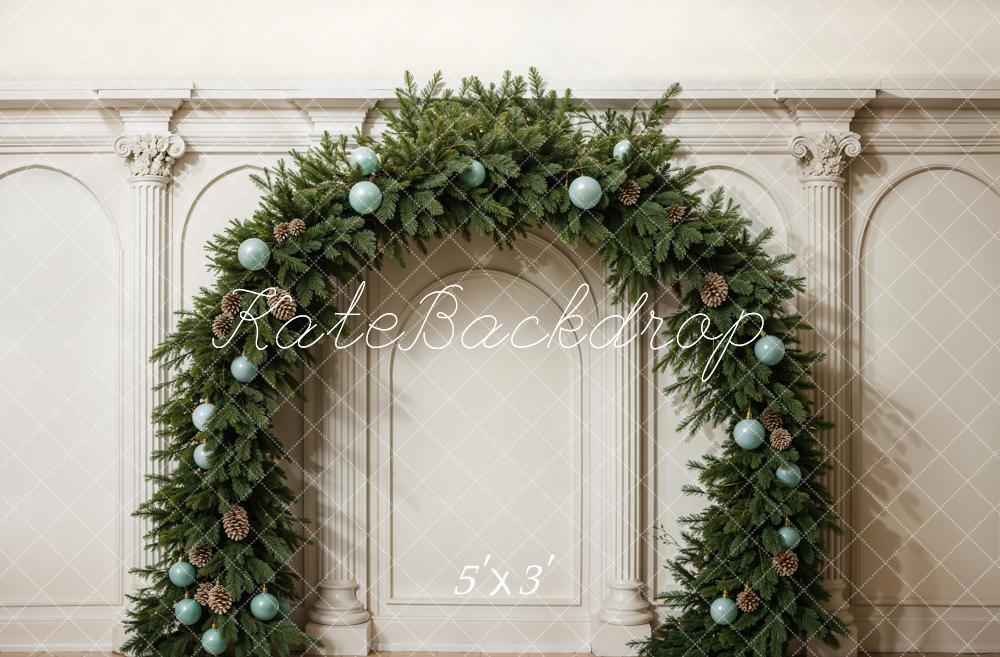 Kate Christmas Green Pine Leaves Arch White Retro Wall Backdrop Designed by Emetselch