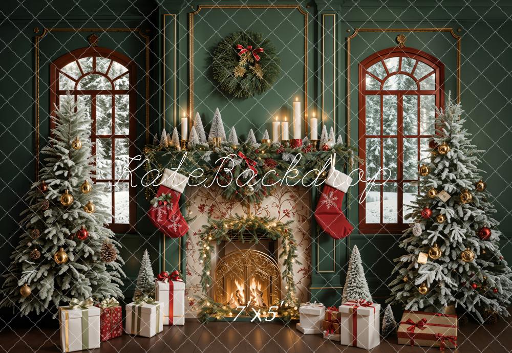 Kate Christmas Retro Floral Beige Fireplace Arched Window Dark Green Wall Backdrop Designed by Emetselch
