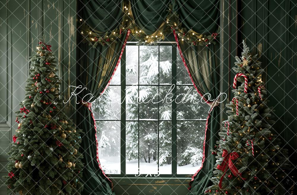 Kate Christmas Dark Green Curtain Framed Window Retro Wall Backdrop Designed by Emetselch