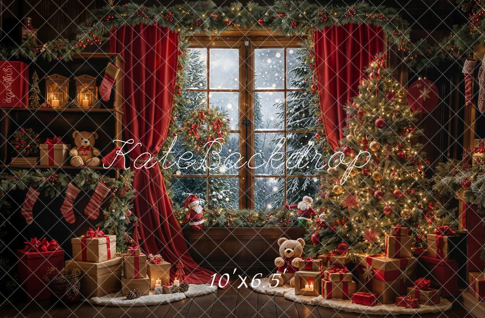 TEST Kate Winter Christmas Teddy Bear Red Curtain Framed Window Backdrop Designed by Emetselch