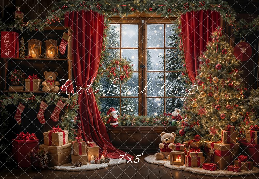 Kate Winter Christmas Teddy Bear Red Curtain Framed Window Backdrop Designed by Emetselch