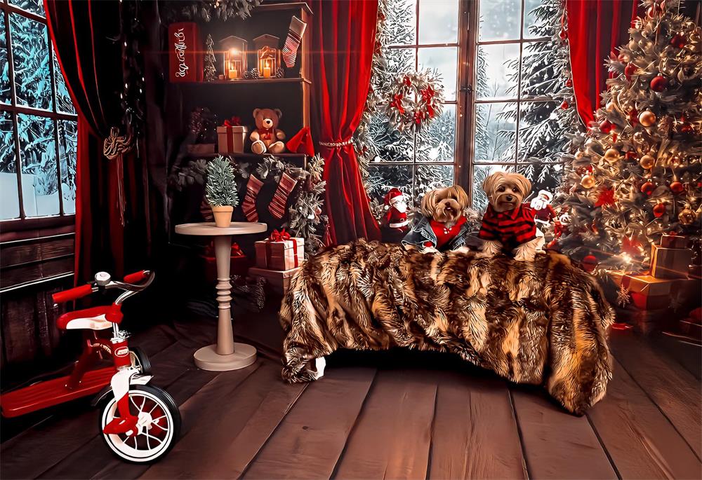 Kate Winter Christmas Teddy Bear Red Curtain Framed Window Backdrop Designed by Emetselch