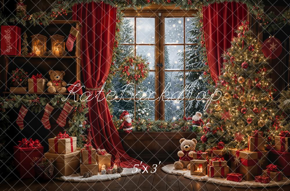 Kate Winter Christmas Teddy Bear Red Curtain Framed Window Backdrop Designed by Emetselch