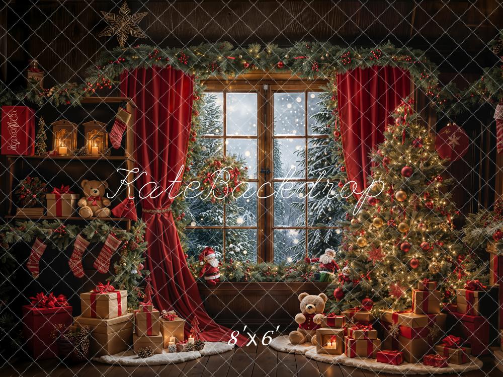 TEST Kate Winter Christmas Teddy Bear Red Curtain Framed Window Backdrop Designed by Emetselch