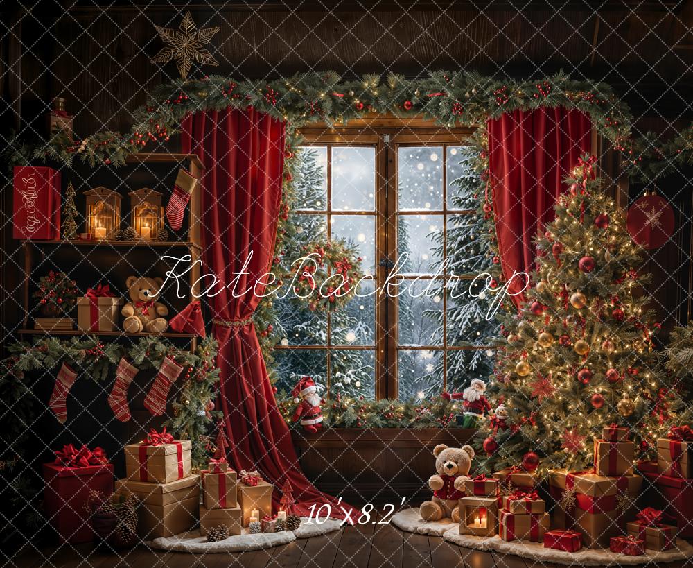 Inverno di Natale Teddy Bear Rosso Sfondo Finestra con Telaio ideato da Emetselch