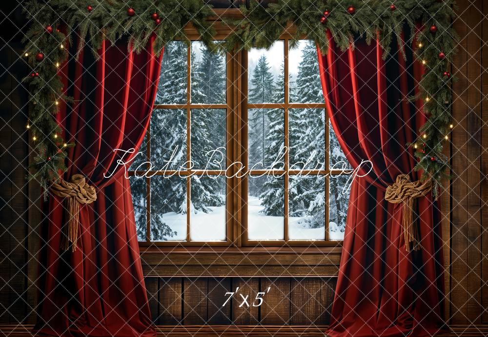 Kate Christmas Red Curtain Dark Brown Framed Window Backdrop Designed by Emetselch