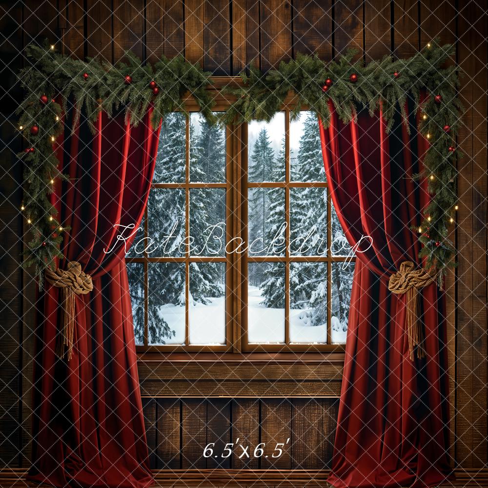 Kate Christmas Red Curtain Dark Brown Framed Window Backdrop Designed by Emetselch