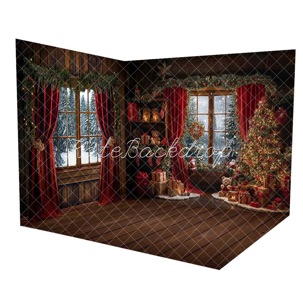 Kate Christmas Red Curtain Dark Brown Framed Window Room Set