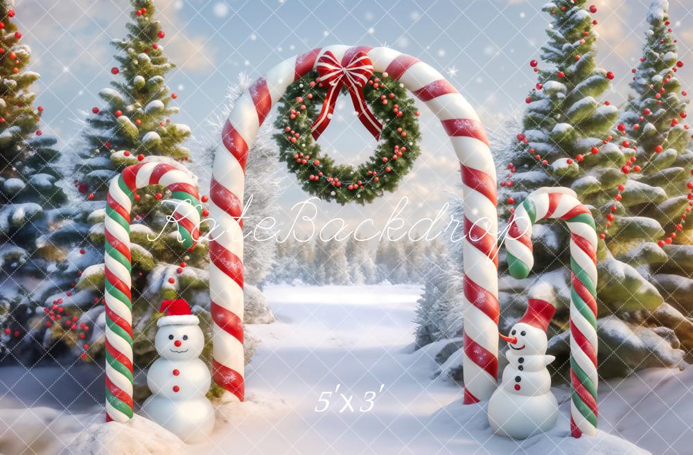 Kate Winter Christmas Forest Snowman Red White Candy Arch Backdrop Designed by Chain Photography