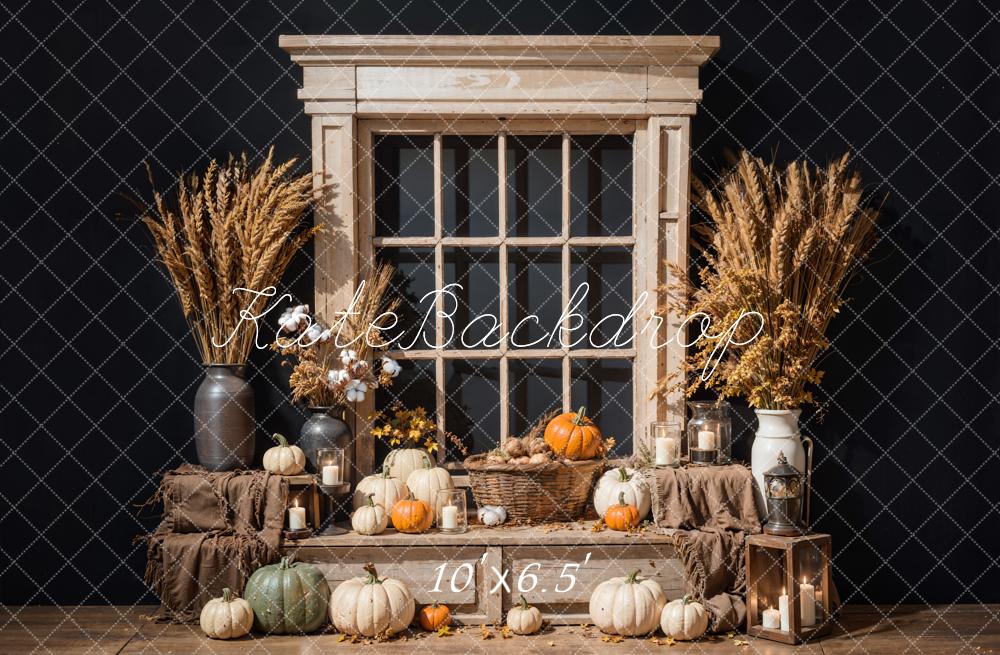 Kate Autumn Pumpkin Cotton Brown Wooden Window Black Wall Backdrop Designed by Emetselch