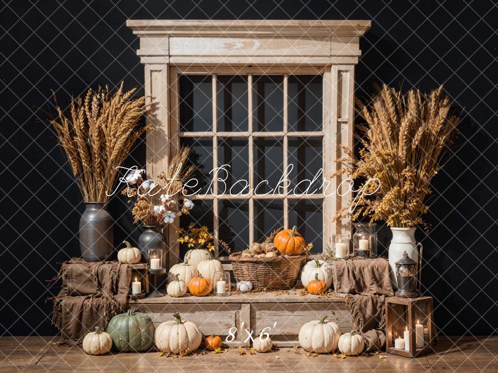 Kate Autumn Pumpkin Cotton Brown Wooden Window Black Wall Backdrop Designed by Emetselch