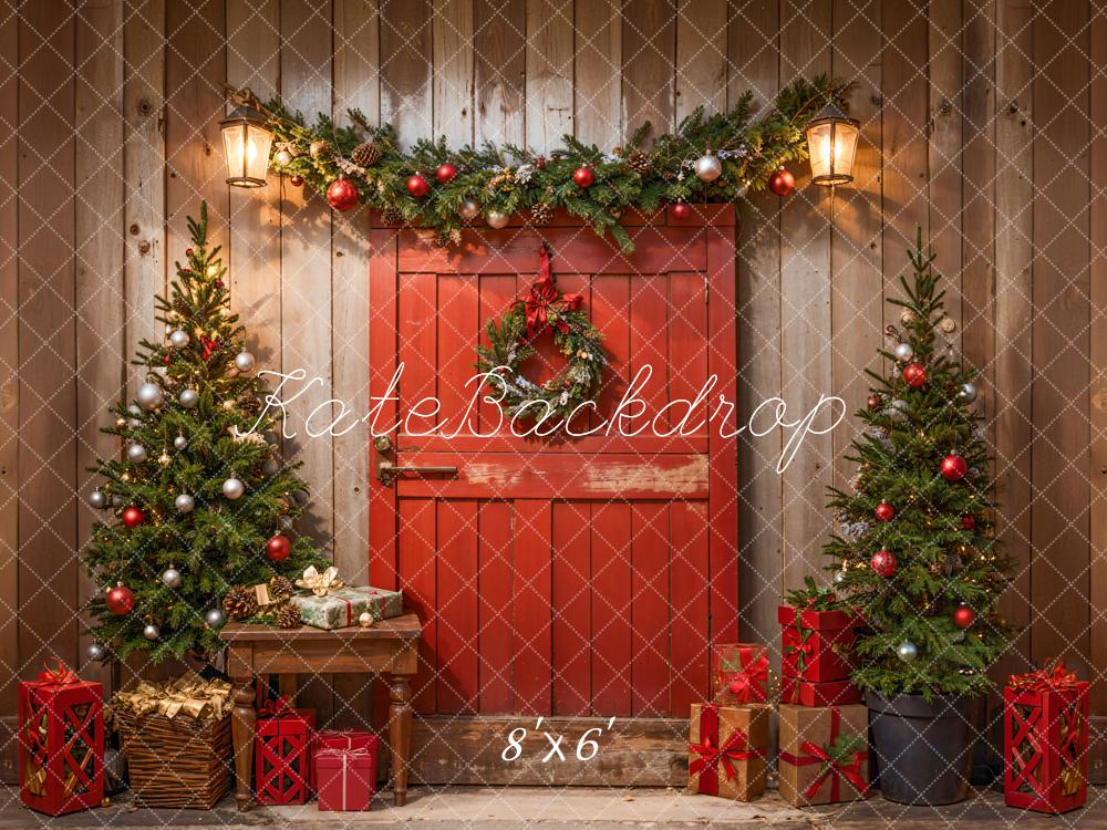 Kate Christmas Red Barn Door Brown Wooden Wall Backdrop Designed by Emetselch