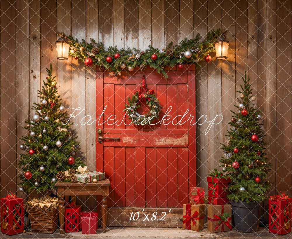 Kate Christmas Red Barn Door Brown Wooden Wall Backdrop Designed by Emetselch