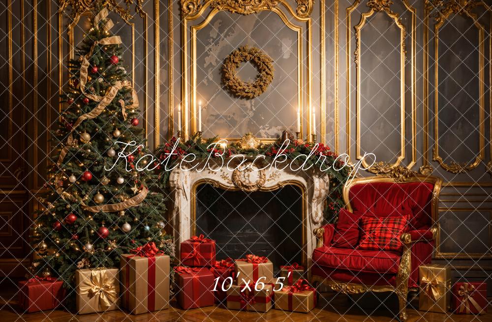 Kate Christmas Vintage Luxury White Fireplace Grey Golden Wall Backdrop Designed by Emetselch