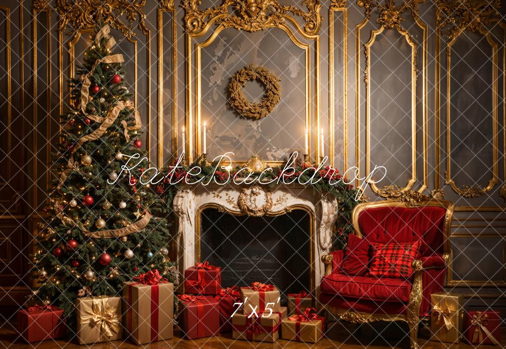 Kerst Vintage Luxe Wit Open haard Grijs Gouden Muur Achtergrond Ontworpen door Emetselch