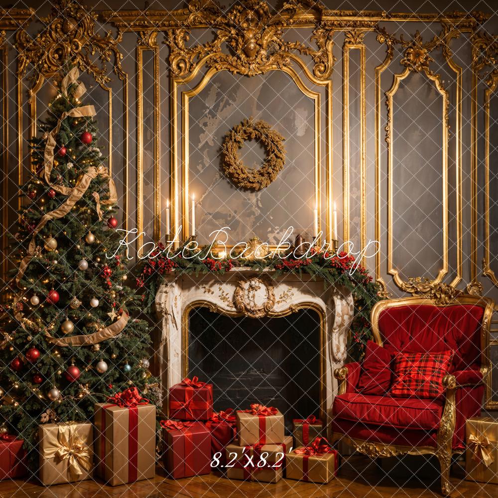 Kerst Vintage Luxe Wit Open haard Grijs Gouden Muur Foto Achtergrond Ontworpen door Emetselch