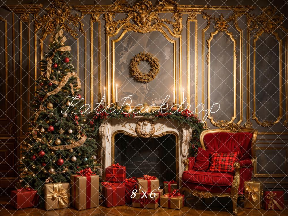 Kate Christmas Vintage Luxury White Fireplace Grey Golden Wall Backdrop Designed by Emetselch