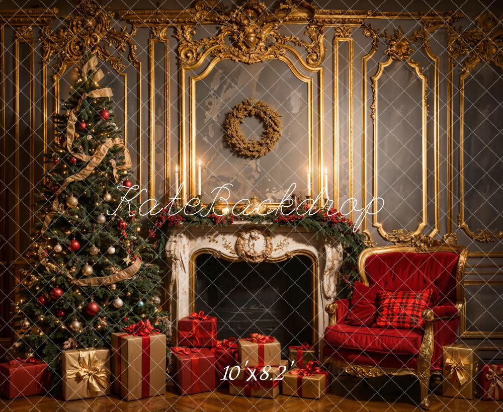 Kate Christmas Vintage Luxury White Fireplace Grey Golden Wall Backdrop Designed by Emetselch