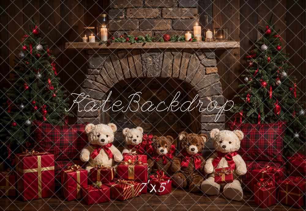 Kate Christmas Teddy Bear Dark Brown Arch Fireplace Backdrop Designed by Emetselch