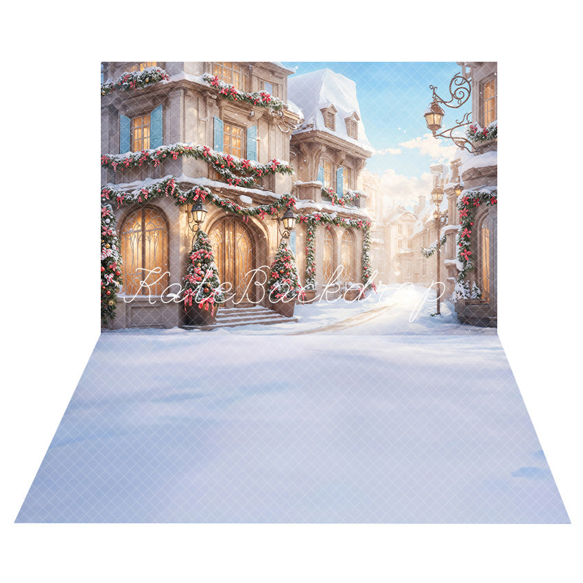 Kate Winter Christmas Modern Street Backdrop+Winter White Snow Floor Backdrop