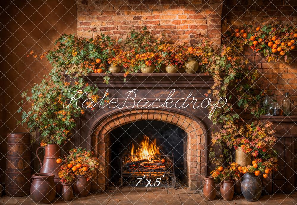 Kate Autumn Green Plant Dark Brown Arched Fireplace Broken Brick Wall Backdrop Designed by Emetselch
