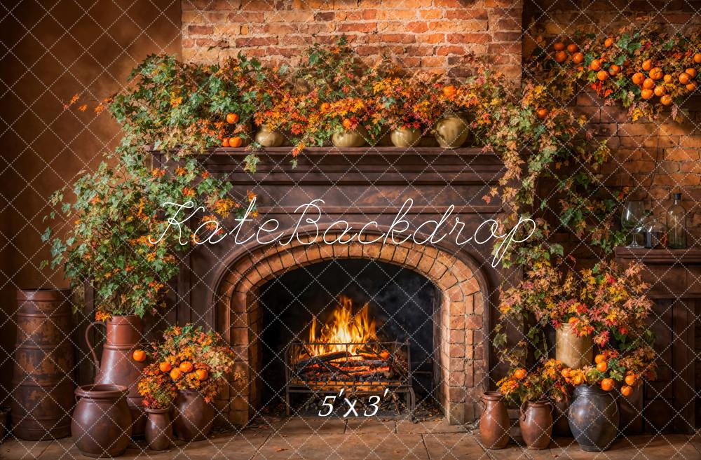 Kate Autumn Green Plant Dark Brown Arched Fireplace Broken Brick Wall Backdrop Designed by Emetselch