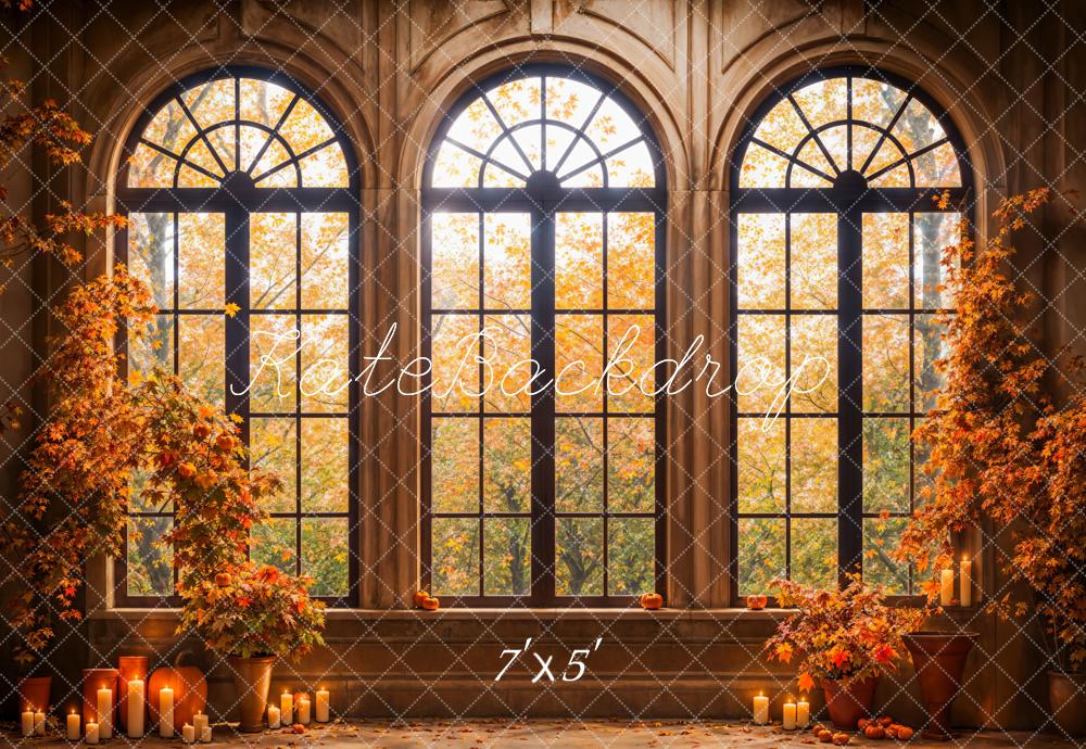 Kate Fall Forest Maple Leaves Black Arched Window Backdrop Designed by Emetselch