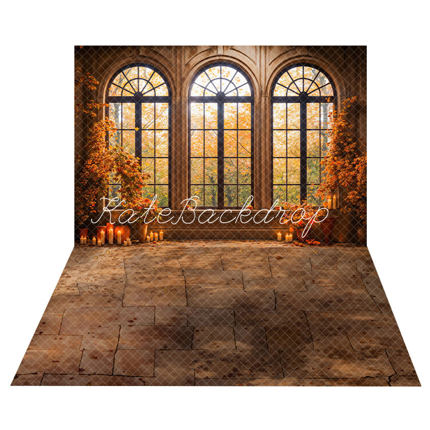 TEST Kate Fall Forest Maple Leaves Black Arched Window Backdrop+Dark Brown Stone Texture Floor Backdrop
