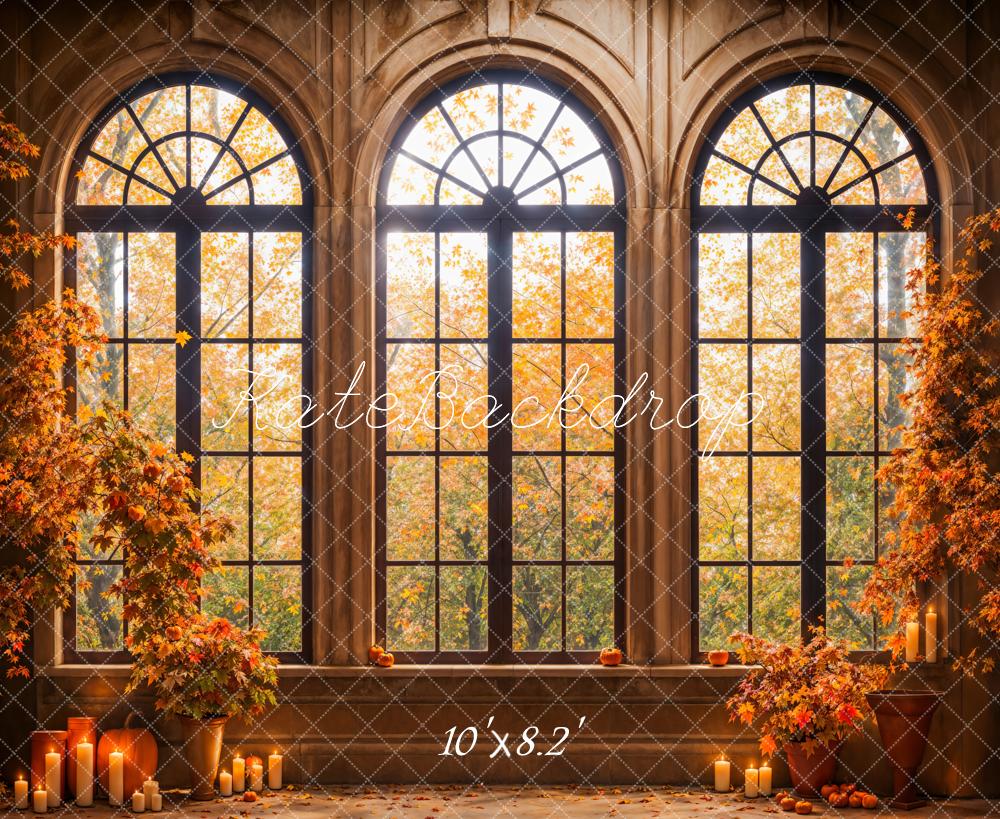 Bosco d'autunno con foglie d'acero nere sfondo finestra ad arco progettata da Emetselch