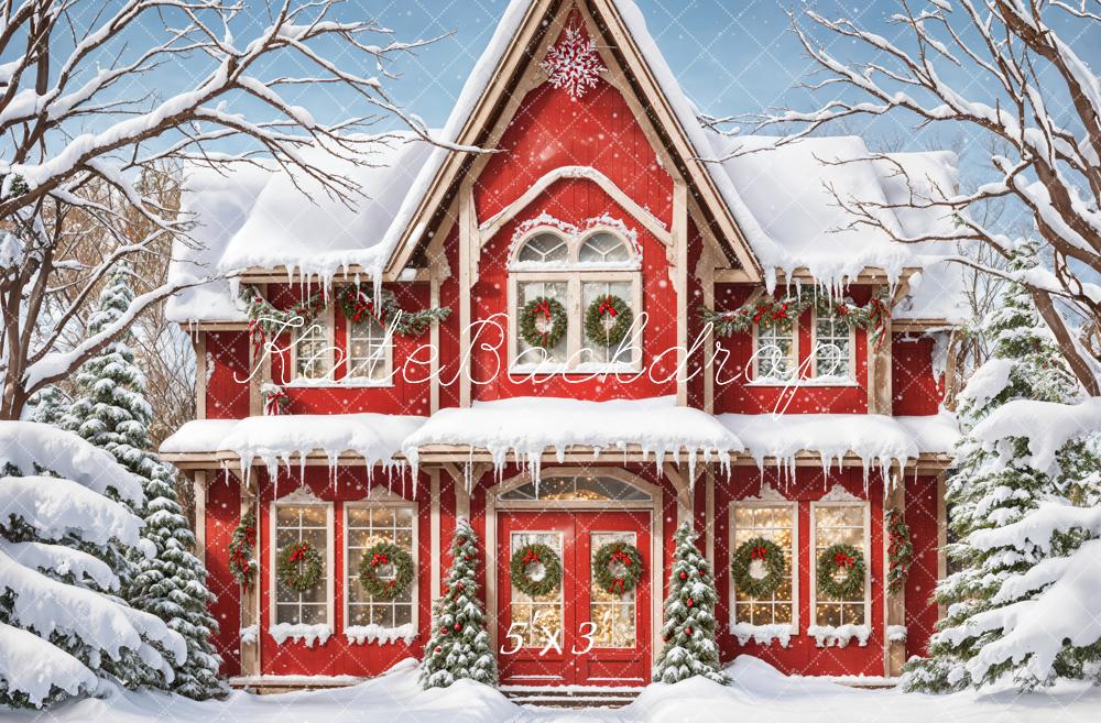 Kate Winter White Snowland Red House Backdrop Designed by Emetselch
