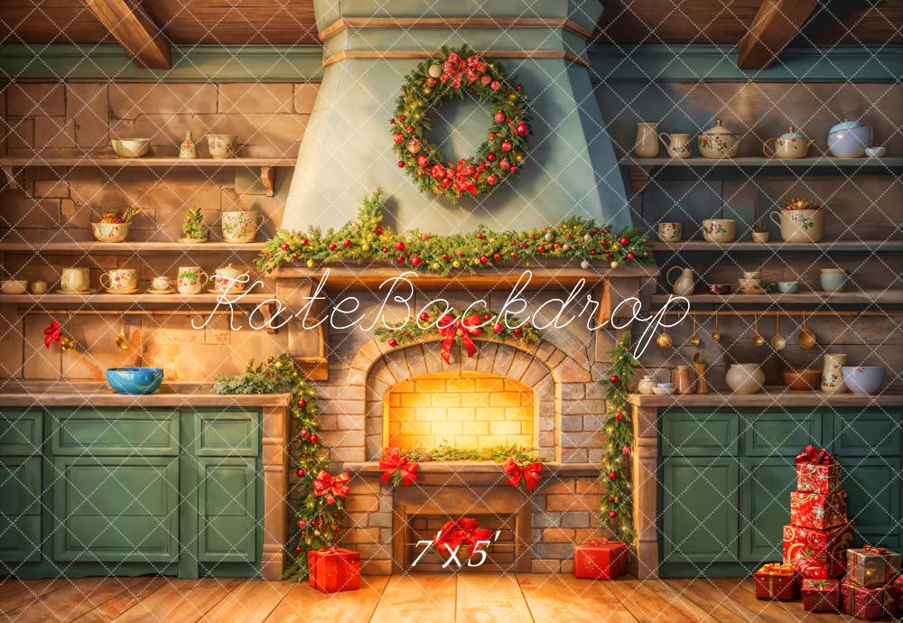 Kate Christmas Retro Fireplace Brick Wall Wooden Kitchen Backdrop Designed by Chain Photography